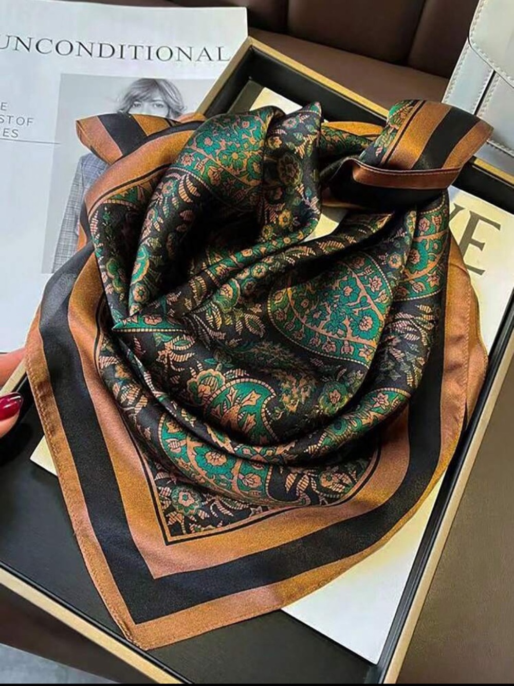 Blue-Green & Brown Classic Paisley Square Scarf | 27.5” - Picture 8 of 11